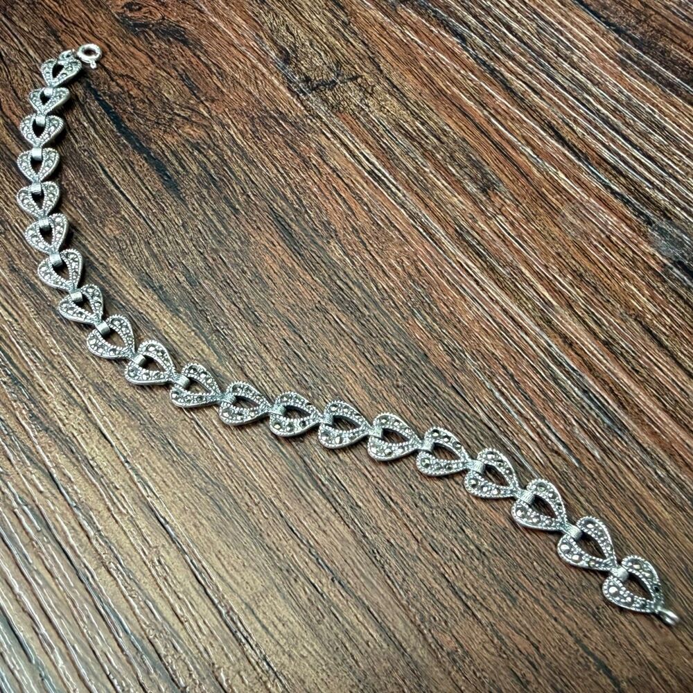 Vintage Sterling Silver Marcasite Heart Link Tennis Bracelet 7.25" Signed SU 925